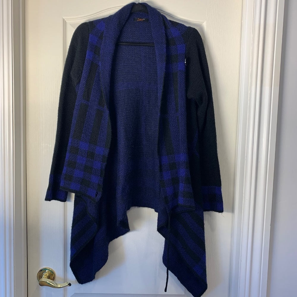 Dex Blue & Black Asymmetrical Button Cardigan – Artsy Boho Cozy Winter Knit L - Picture 6 of 13